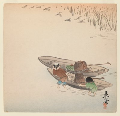 Fisherman with Boy and Boats from the Series Hana Kurabe by Shibata Zeshin